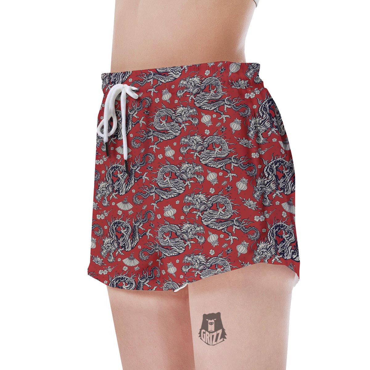 Red Chinese Dragon Floral Print Women's Shorts-grizzshop