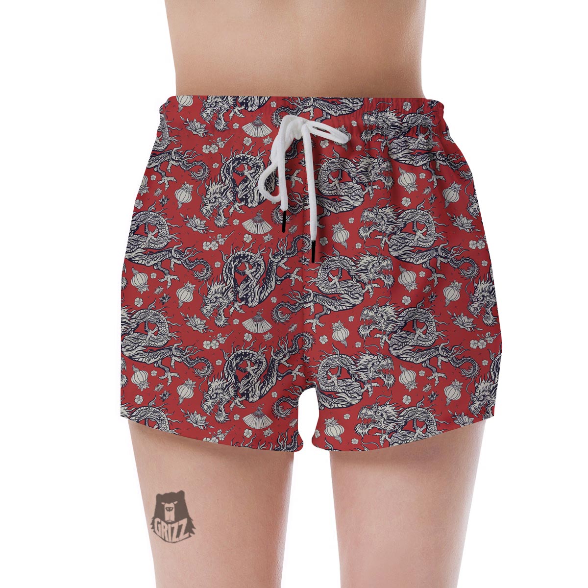 Red Chinese Dragon Floral Print Women's Shorts-grizzshop