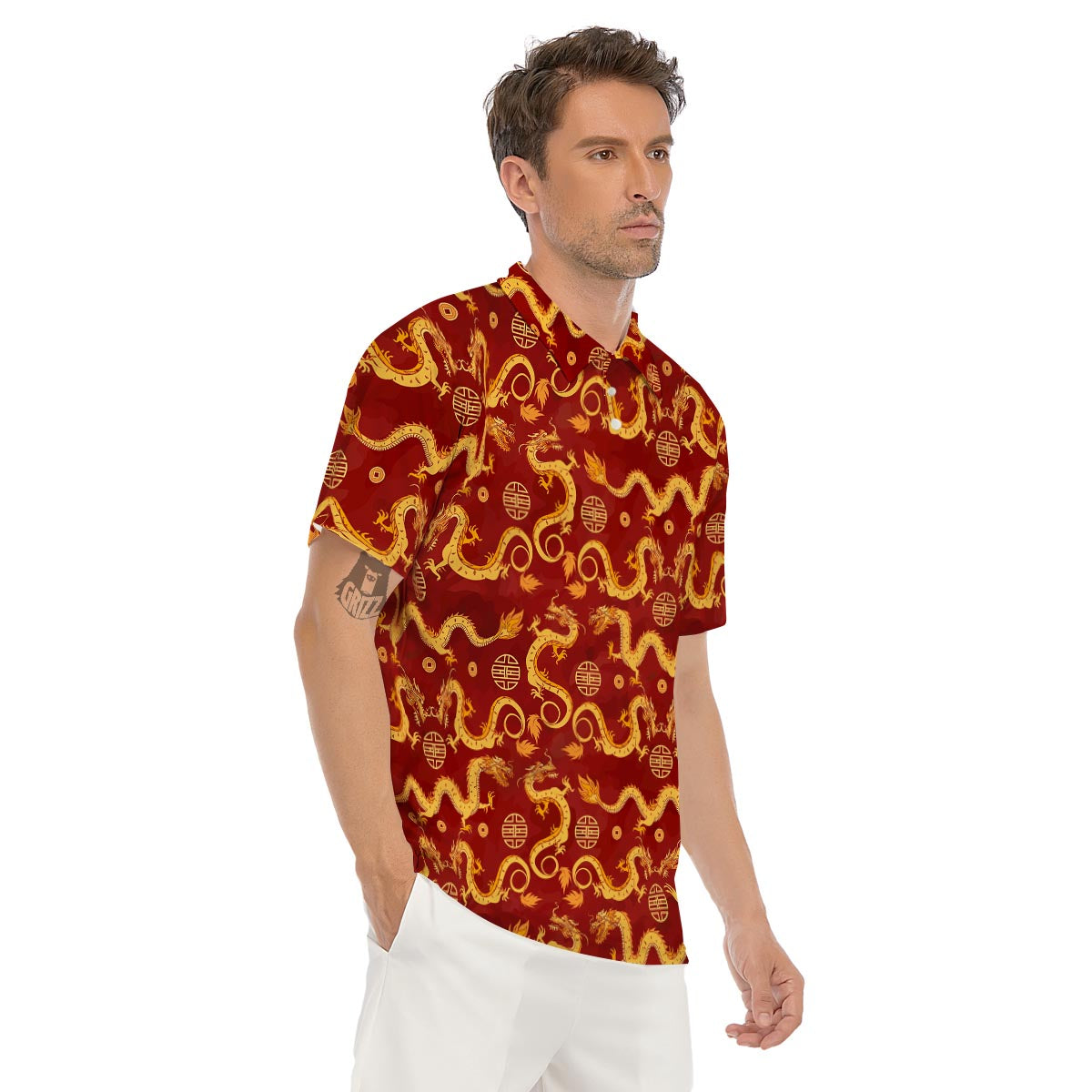 Red Chinese Dragon Men's Golf Shirts-grizzshop