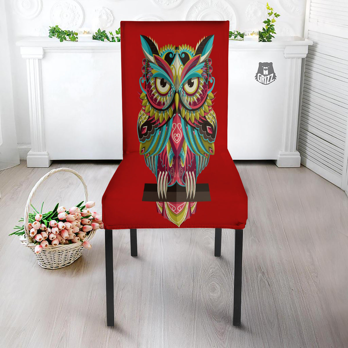 Red Colorful Owl Print Dining Chair Slipcover-grizzshop