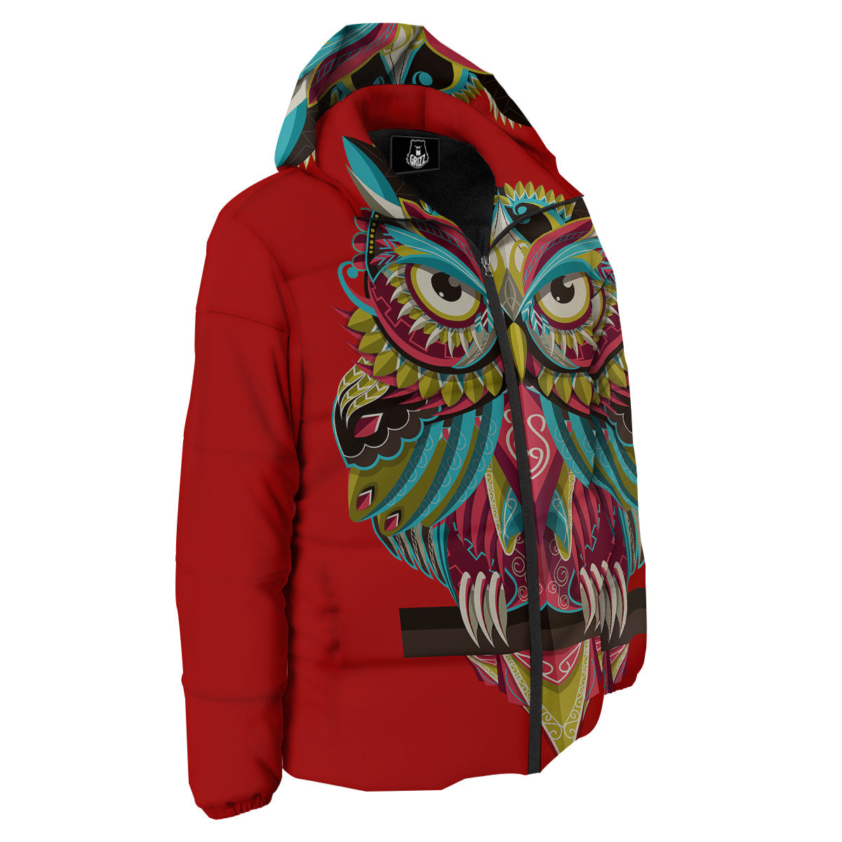 Red Colorful Owl Print Down Jacket-grizzshop