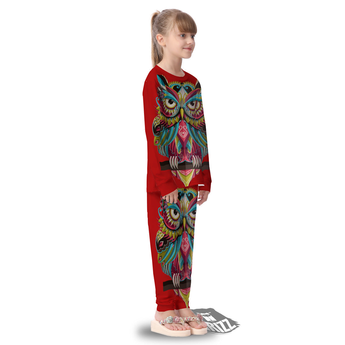 Red Colorful Owl Print Kid's Pajamas-grizzshop