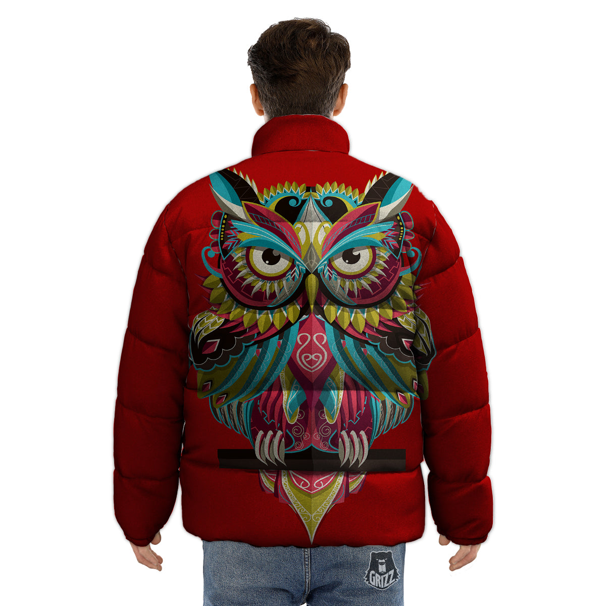 Red Colorful Owl Print Puffer Jacket-grizzshop