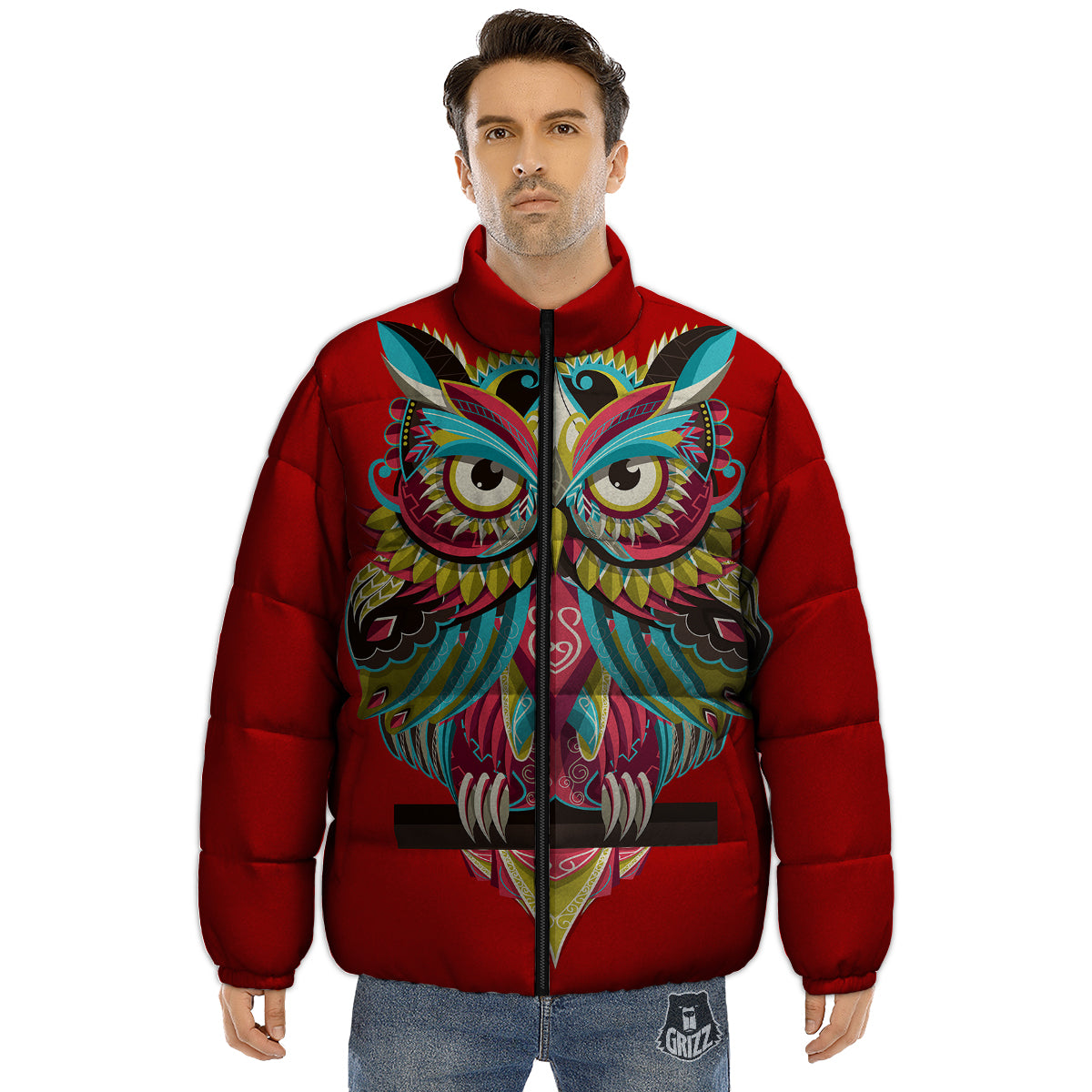 Red Colorful Owl Print Puffer Jacket-grizzshop