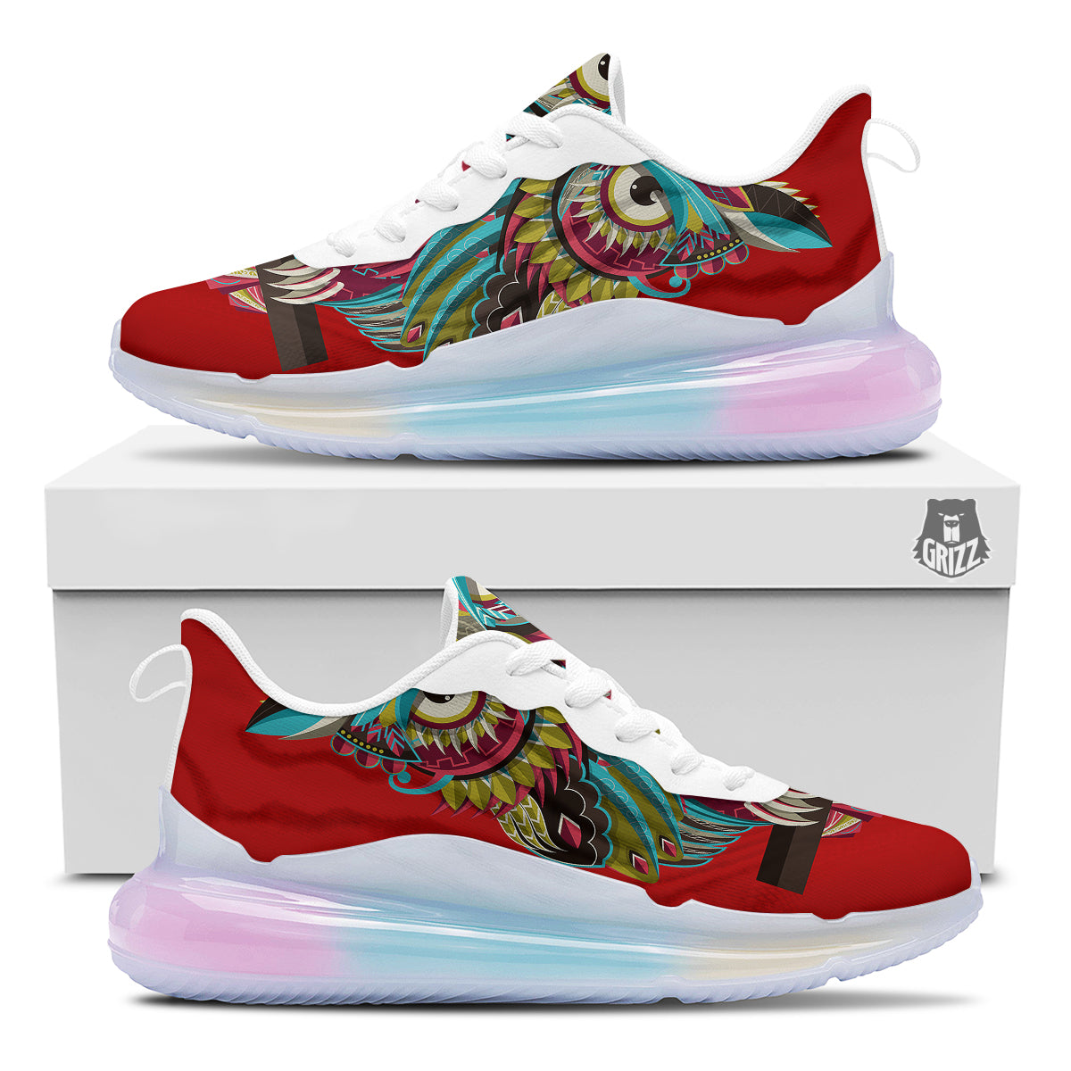 Red Colorful Owl Print Running Sneakers-grizzshop