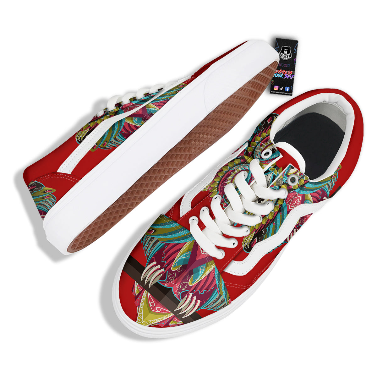 Red Colorful Owl Print Skate Shoes-grizzshop