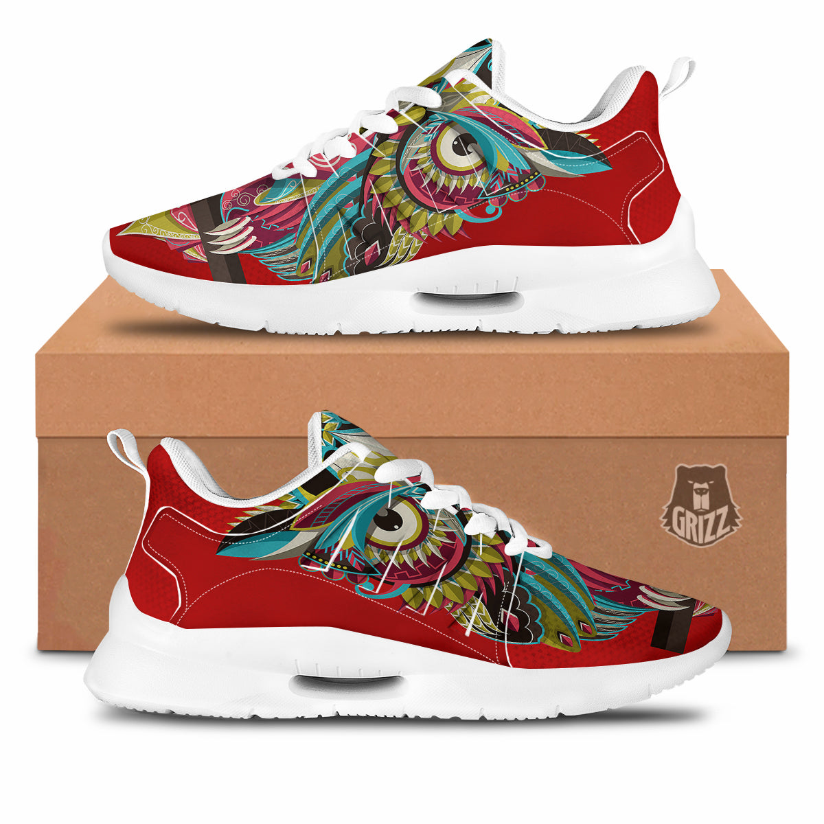 Red Colorful Owl Print Tennis Shoes-grizzshop