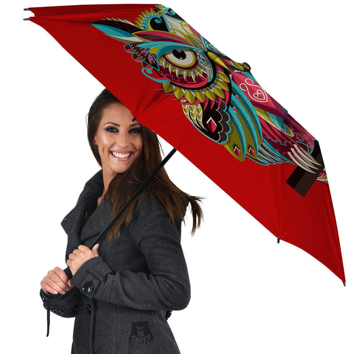 Red Colorful Owl Print Umbrella-grizzshop