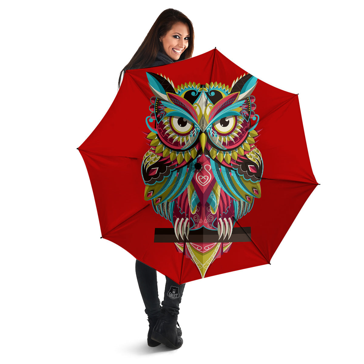 Red Colorful Owl Print Umbrella-grizzshop