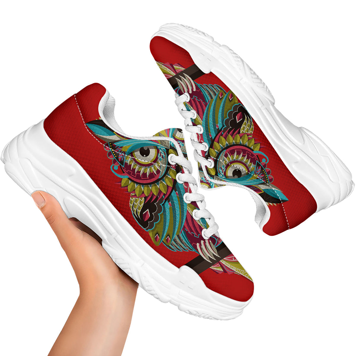 Red Colorful Owl Print White Chunky Shoes-grizzshop