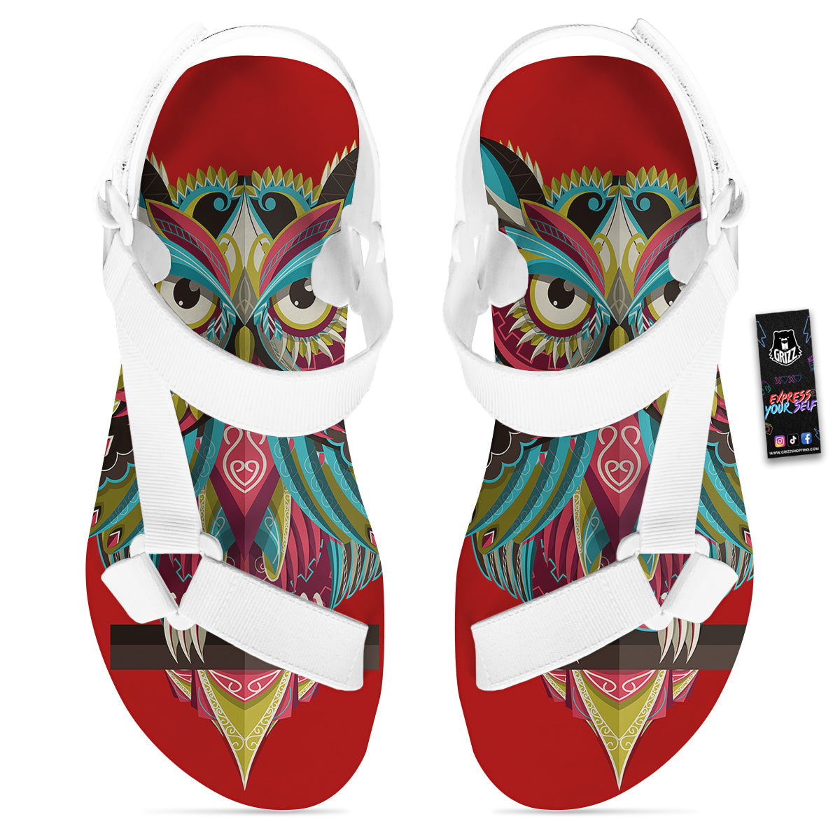 Red Colorful Owl Print White Open Toe Sandals-grizzshop