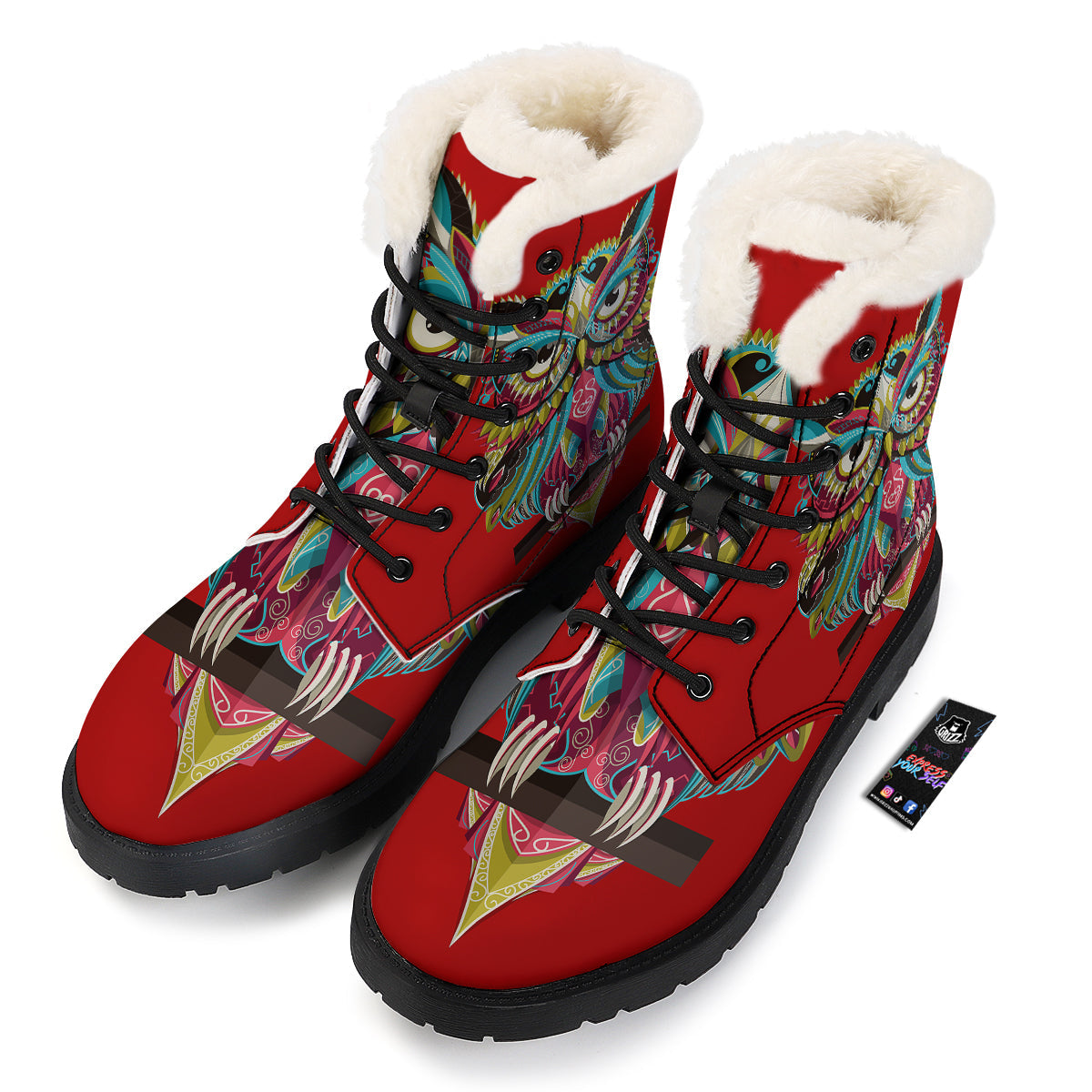Red Colorful Owl Print Winter Boots-grizzshop