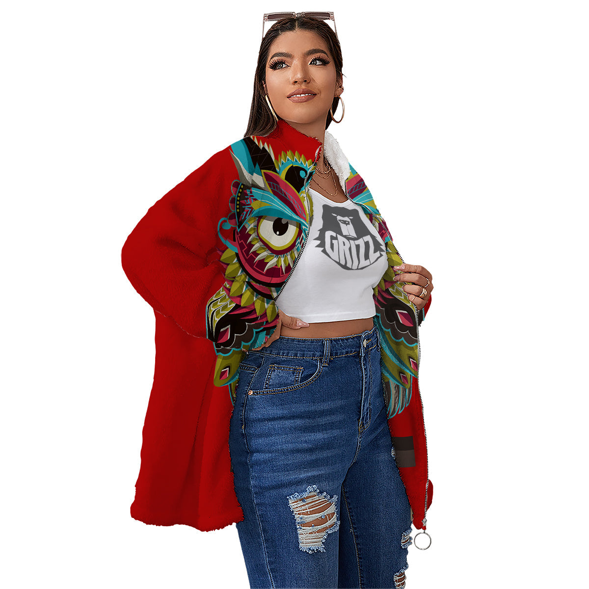 Red Colorful Owl Print Women's Sherpa Jacket-grizzshop