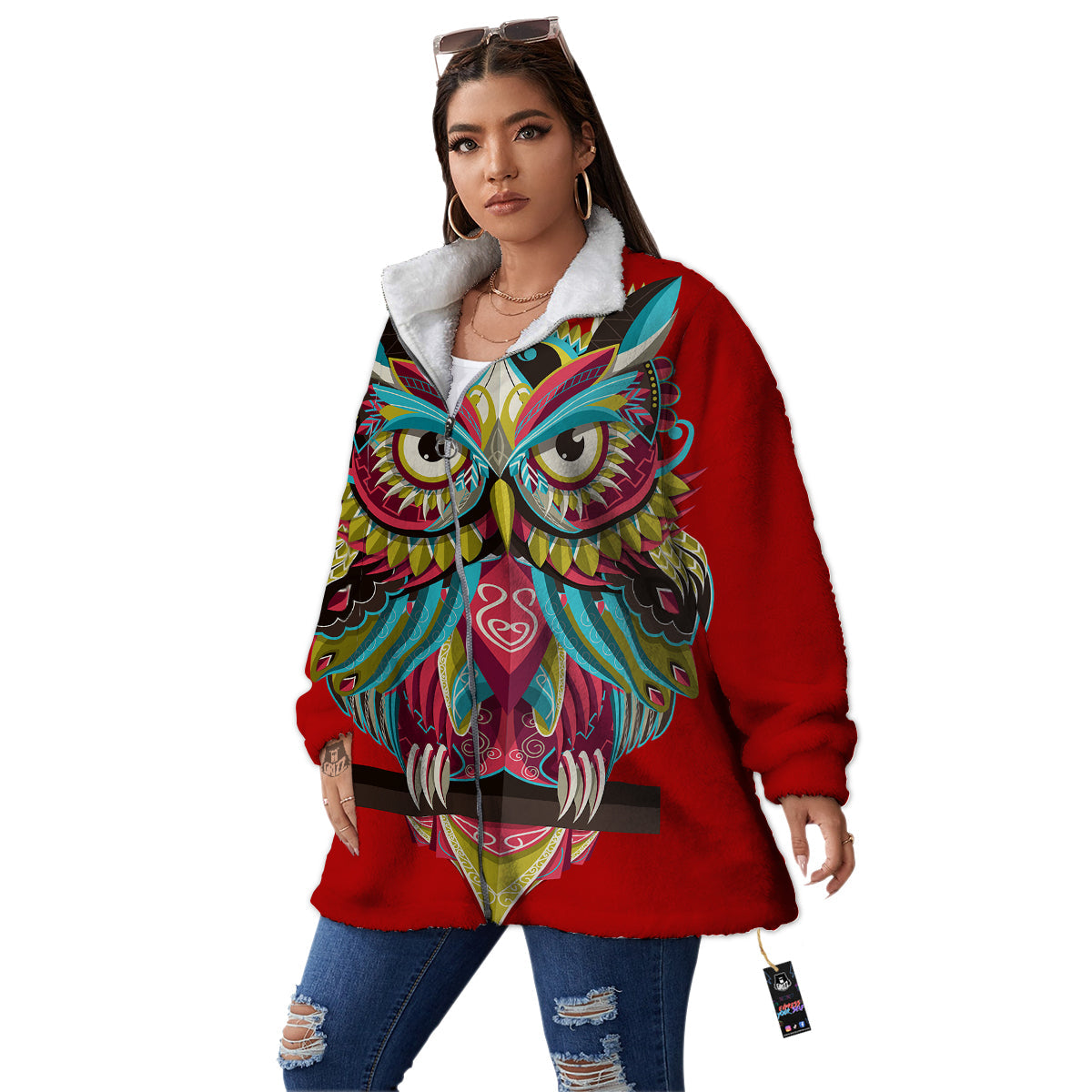 Red Colorful Owl Print Women's Sherpa Jacket-grizzshop