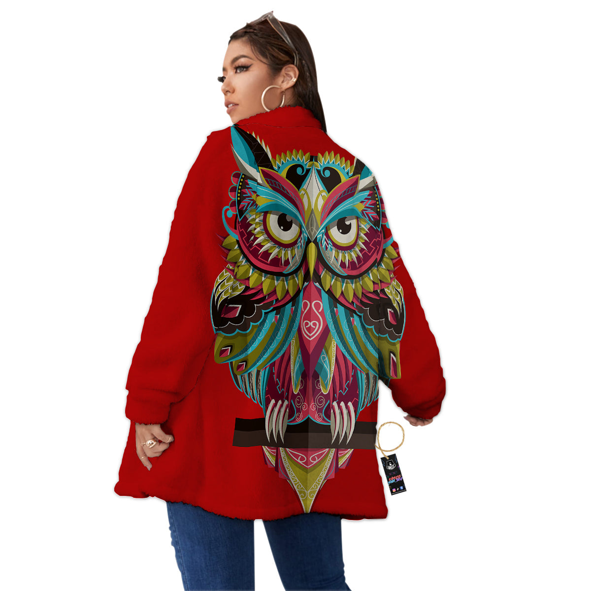 Red Colorful Owl Print Women's Sherpa Jacket-grizzshop
