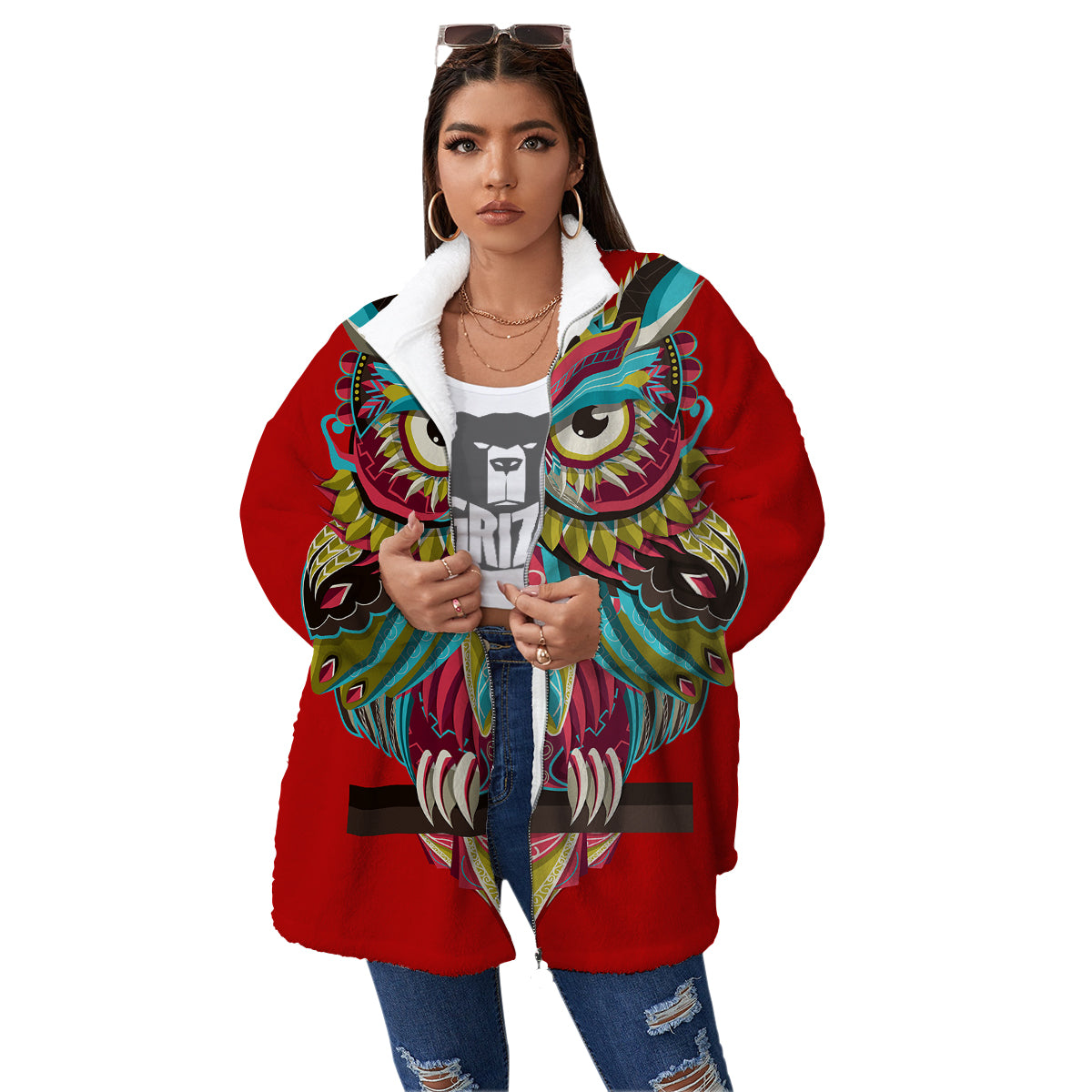 Red Colorful Owl Print Women's Sherpa Jacket-grizzshop
