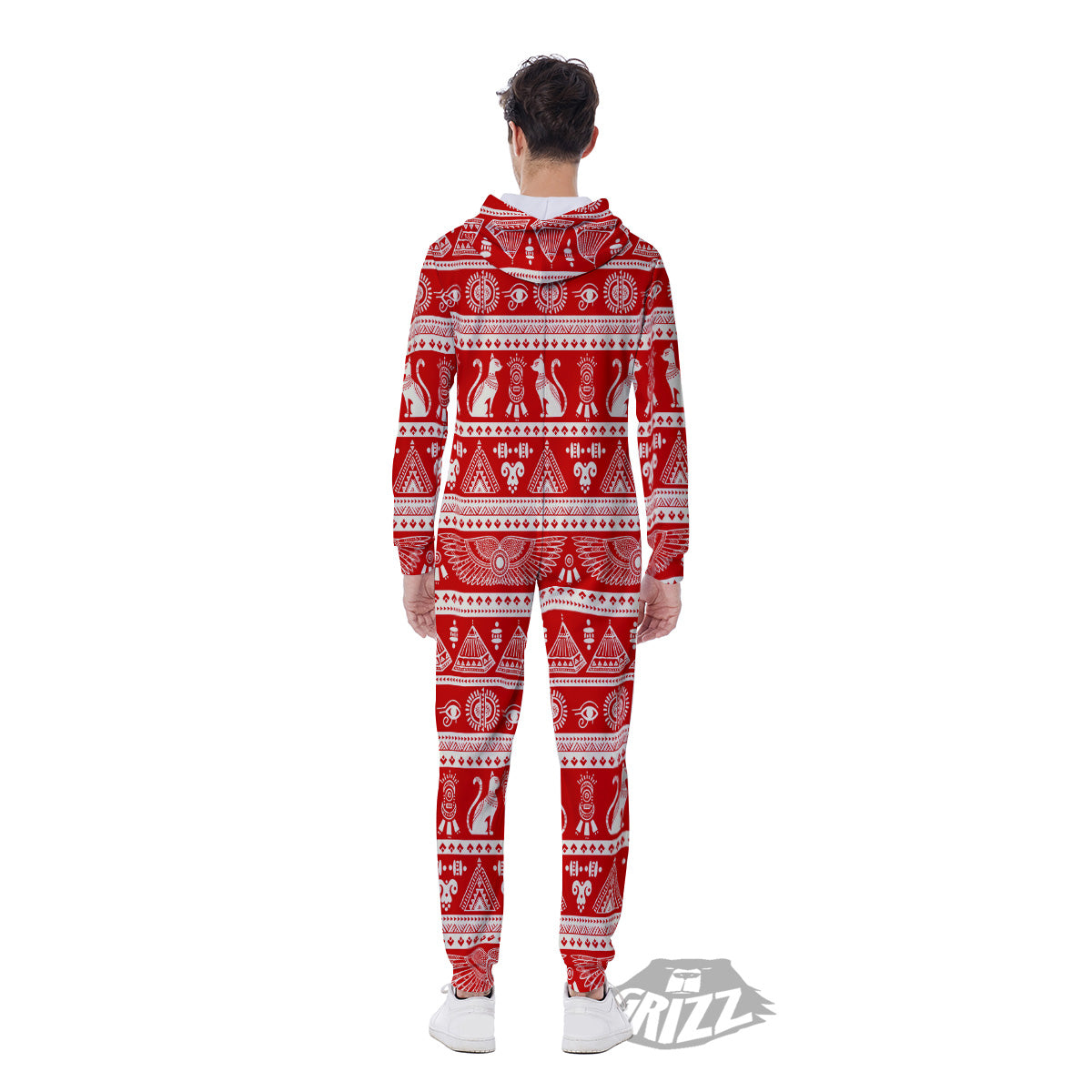 Red Egypt Symbol Print Pattern Men's Jumpsuit-grizzshop