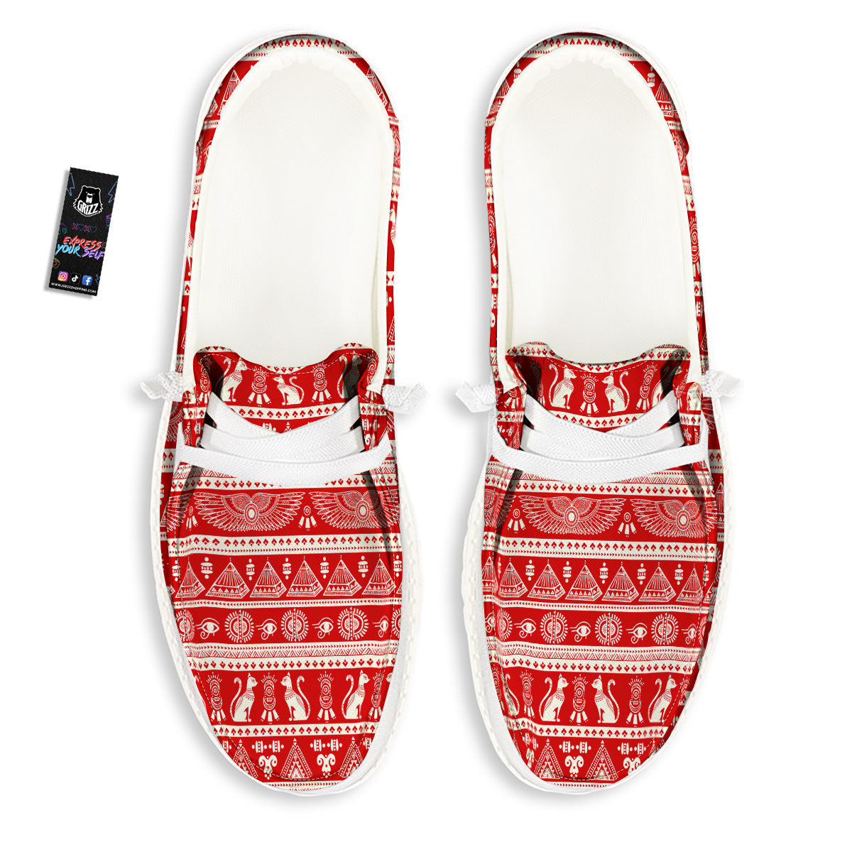 Red Egypt Symbol Print Pattern White Loafers-grizzshop