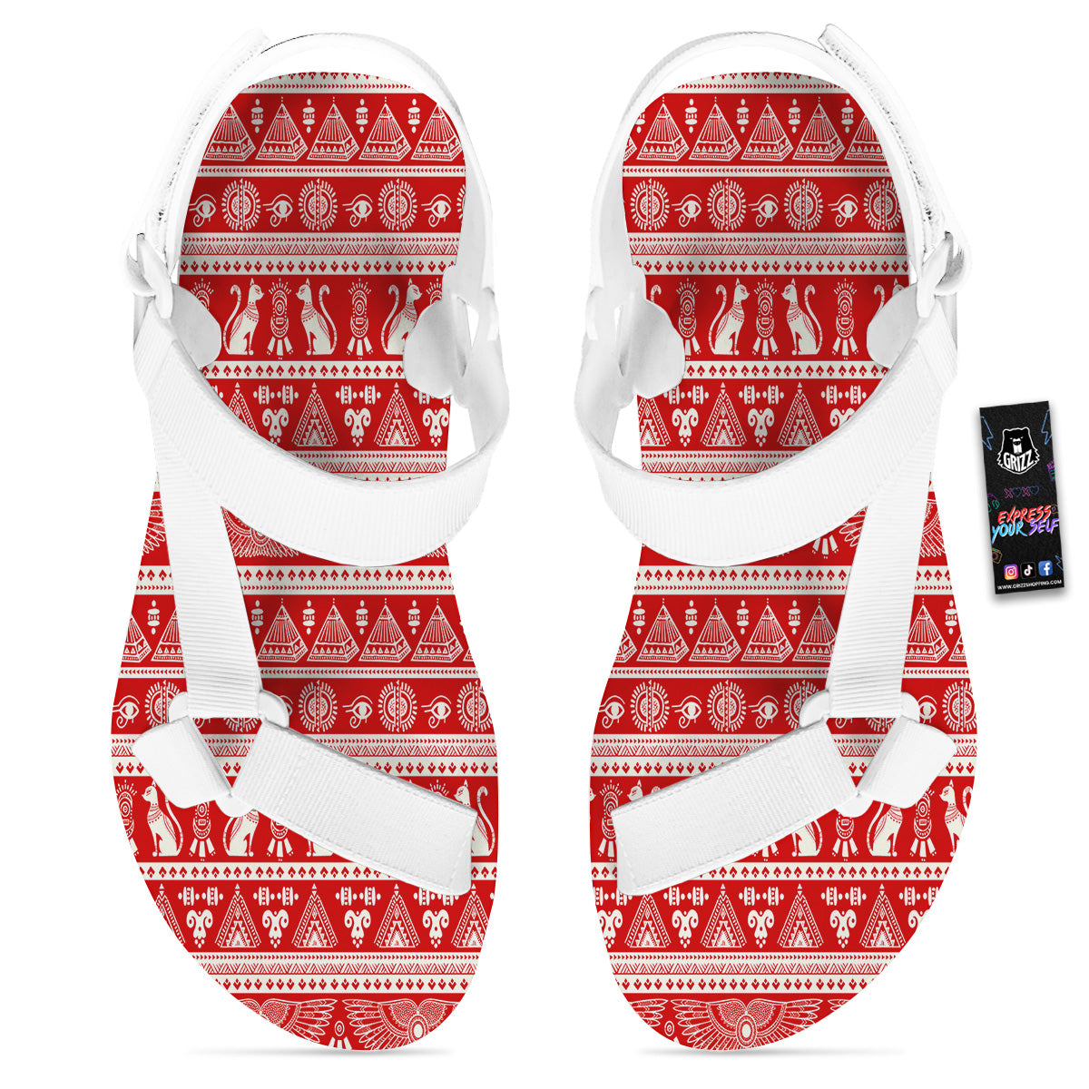 Red Egypt Symbol Print Pattern White Open Toe Sandals-grizzshop