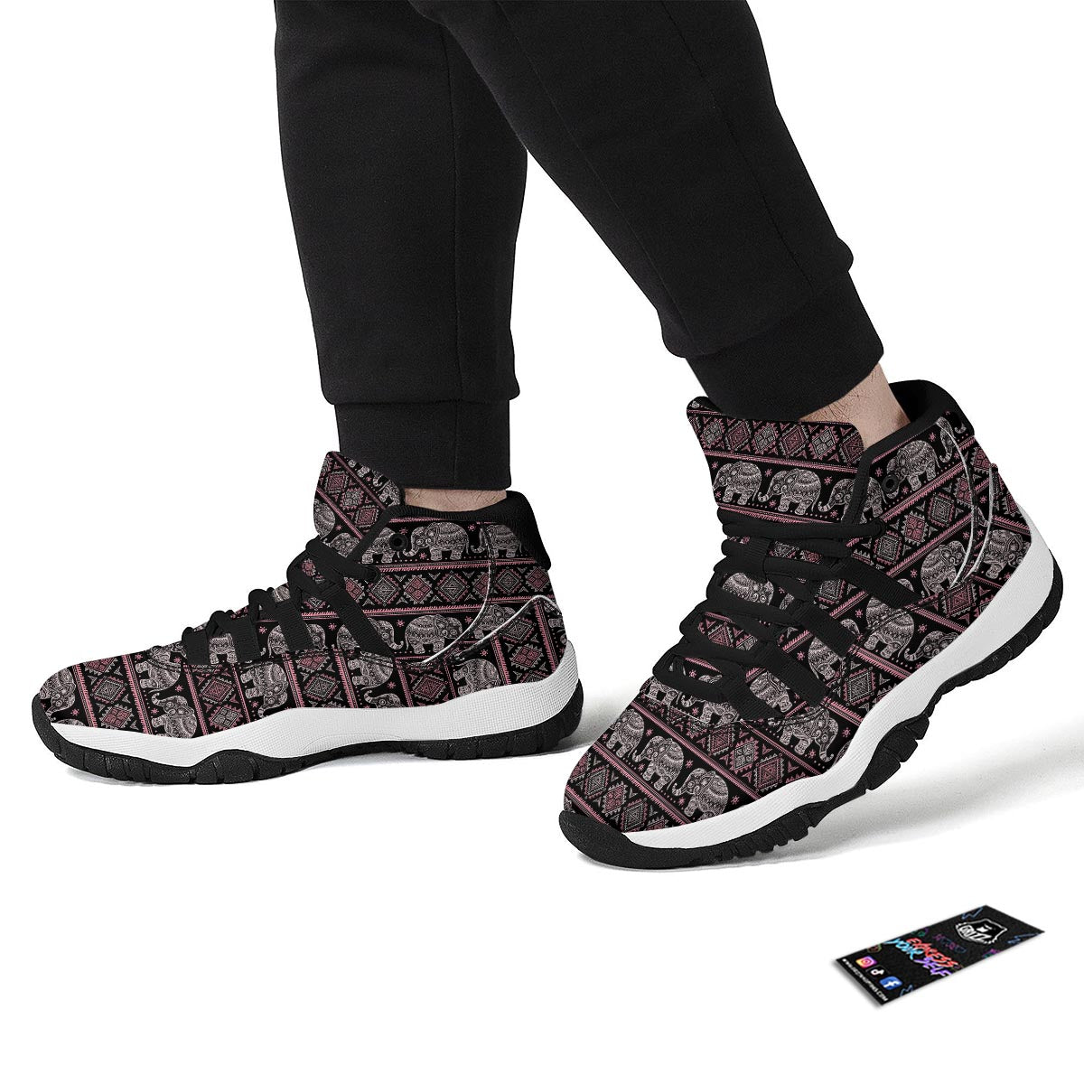 Red Elephant Aztec Pattern Print Black Bball Shoes-grizzshop