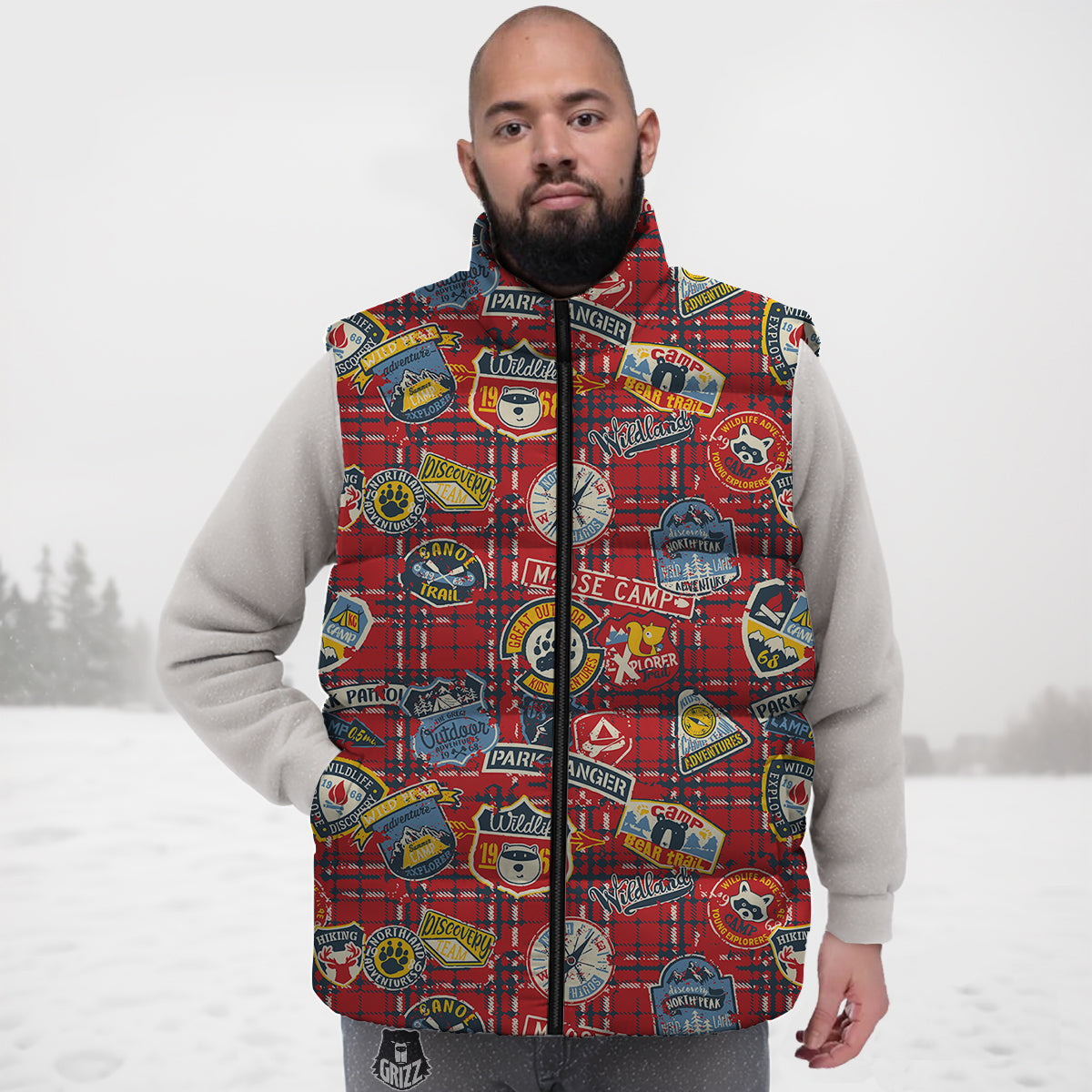 Red Elephant Aztec Pattern Print Down Vest-grizzshop