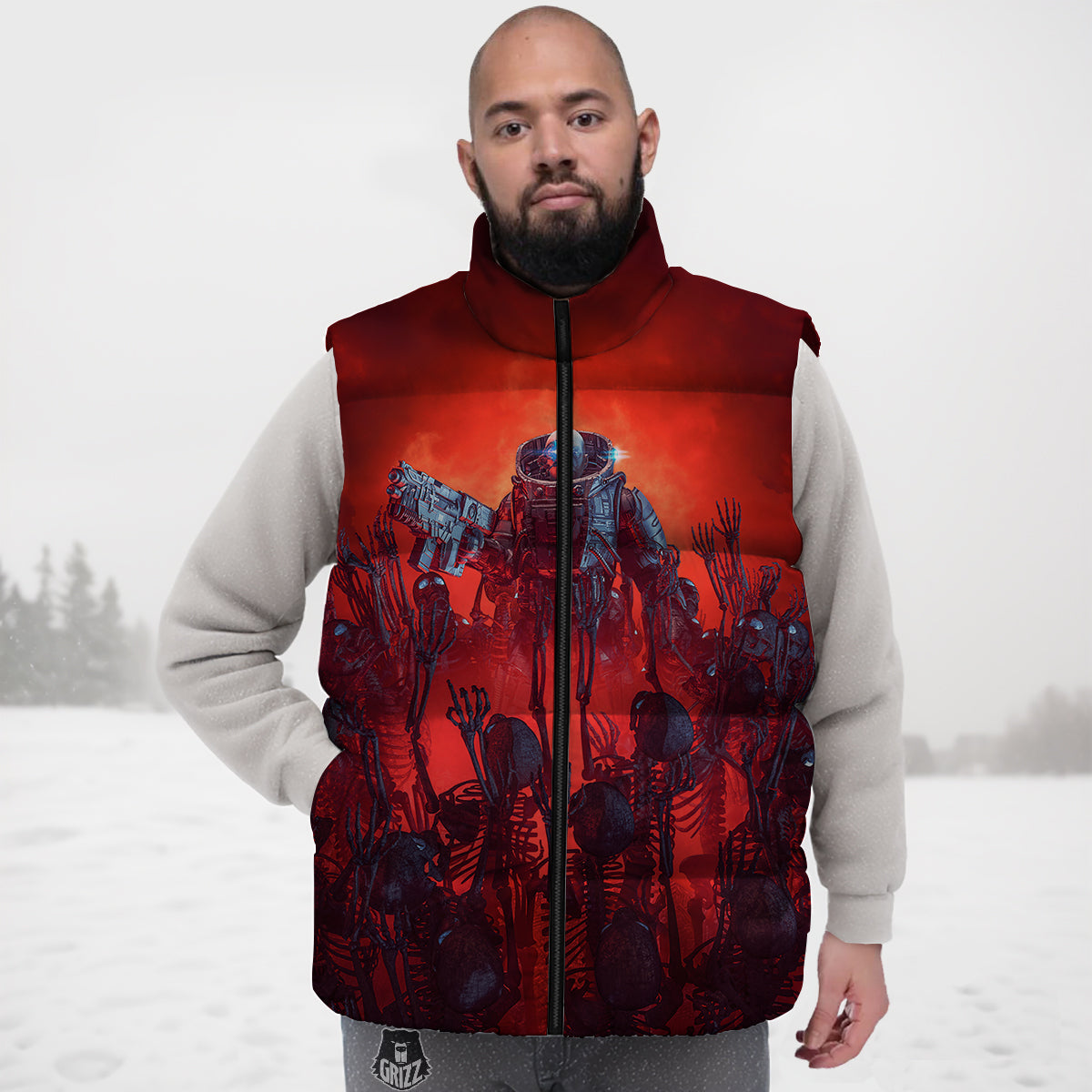 Red Floral Poppy Pattern Print Down Vest