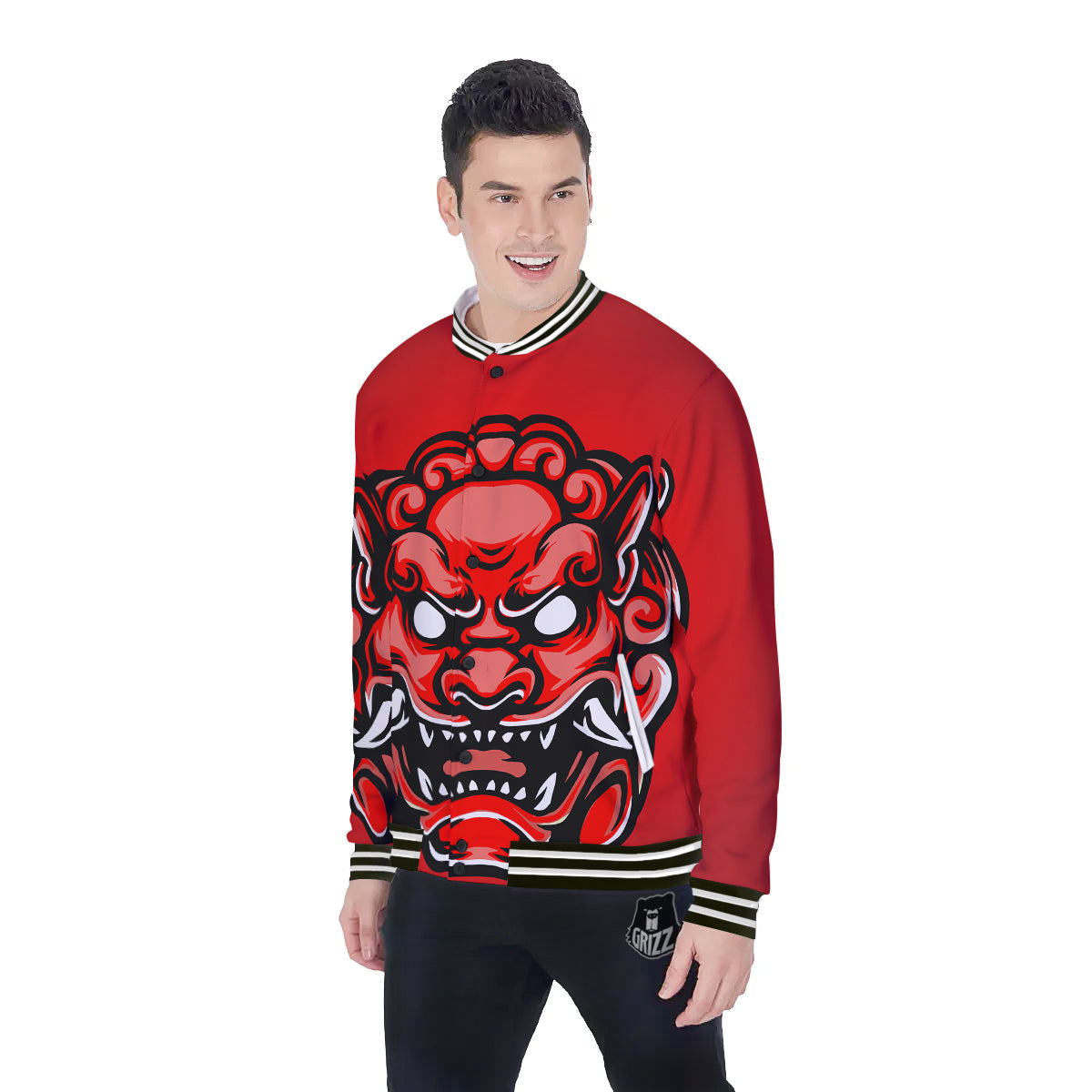 Red Foo Dog Print Baseball Jacket-grizzshop