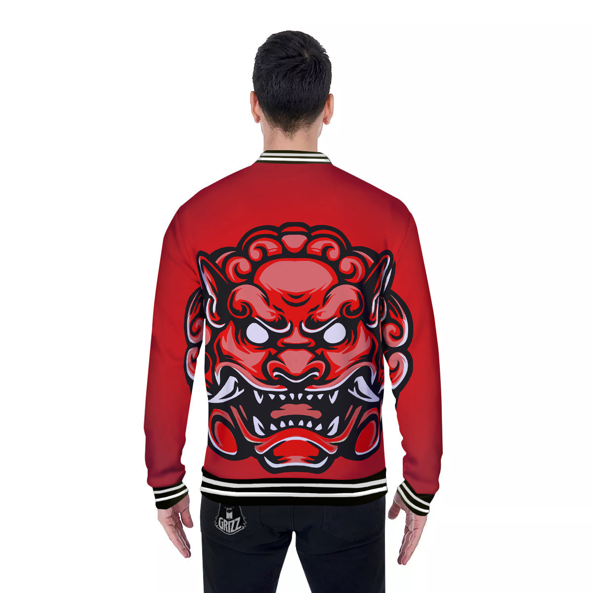 Red Foo Dog Print Baseball Jacket-grizzshop