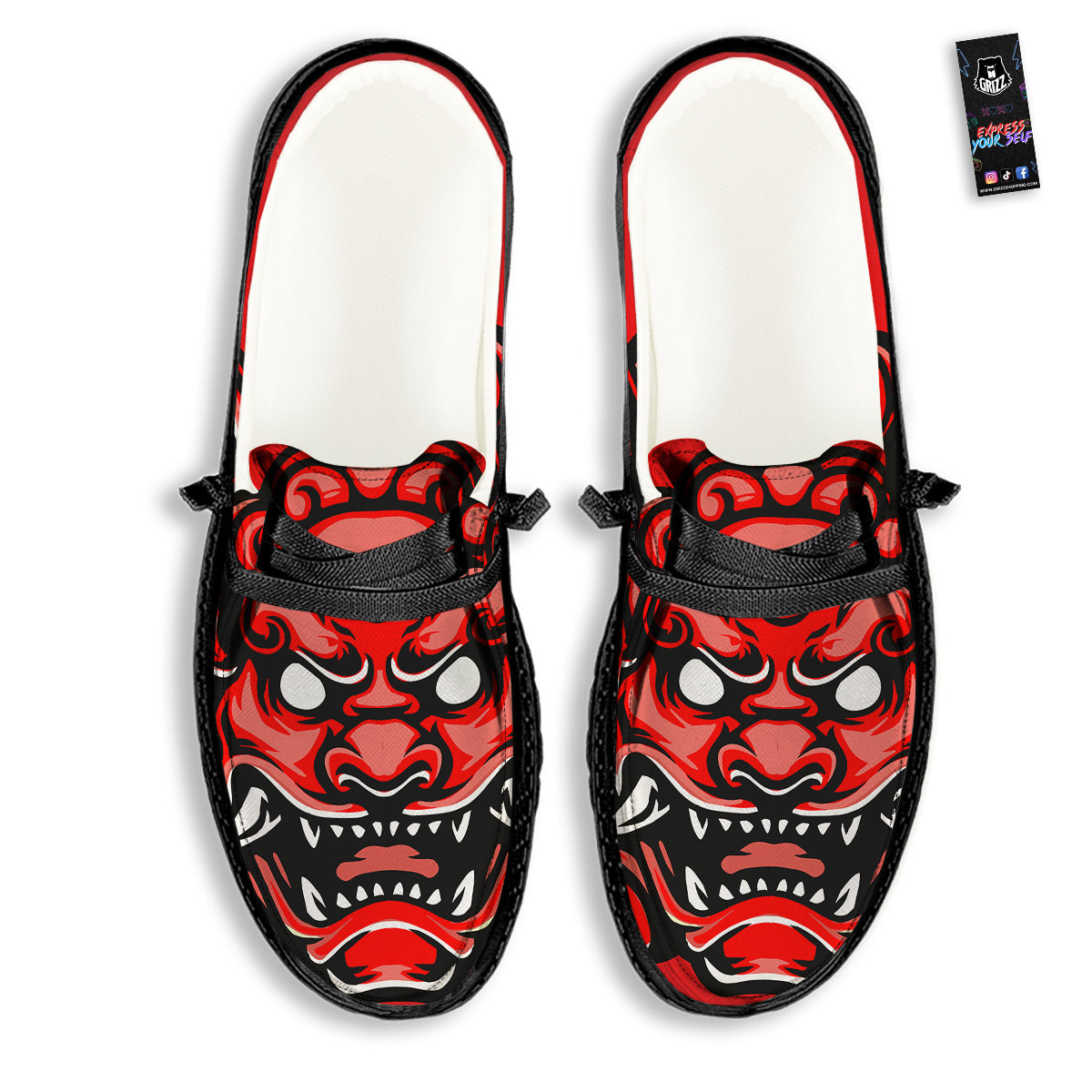Red Foo Dog Print Black Loafers-grizzshop