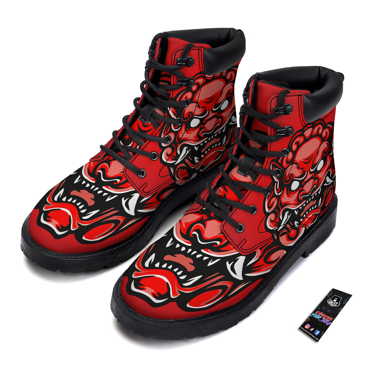 Red Foo Dog Print Boots-grizzshop