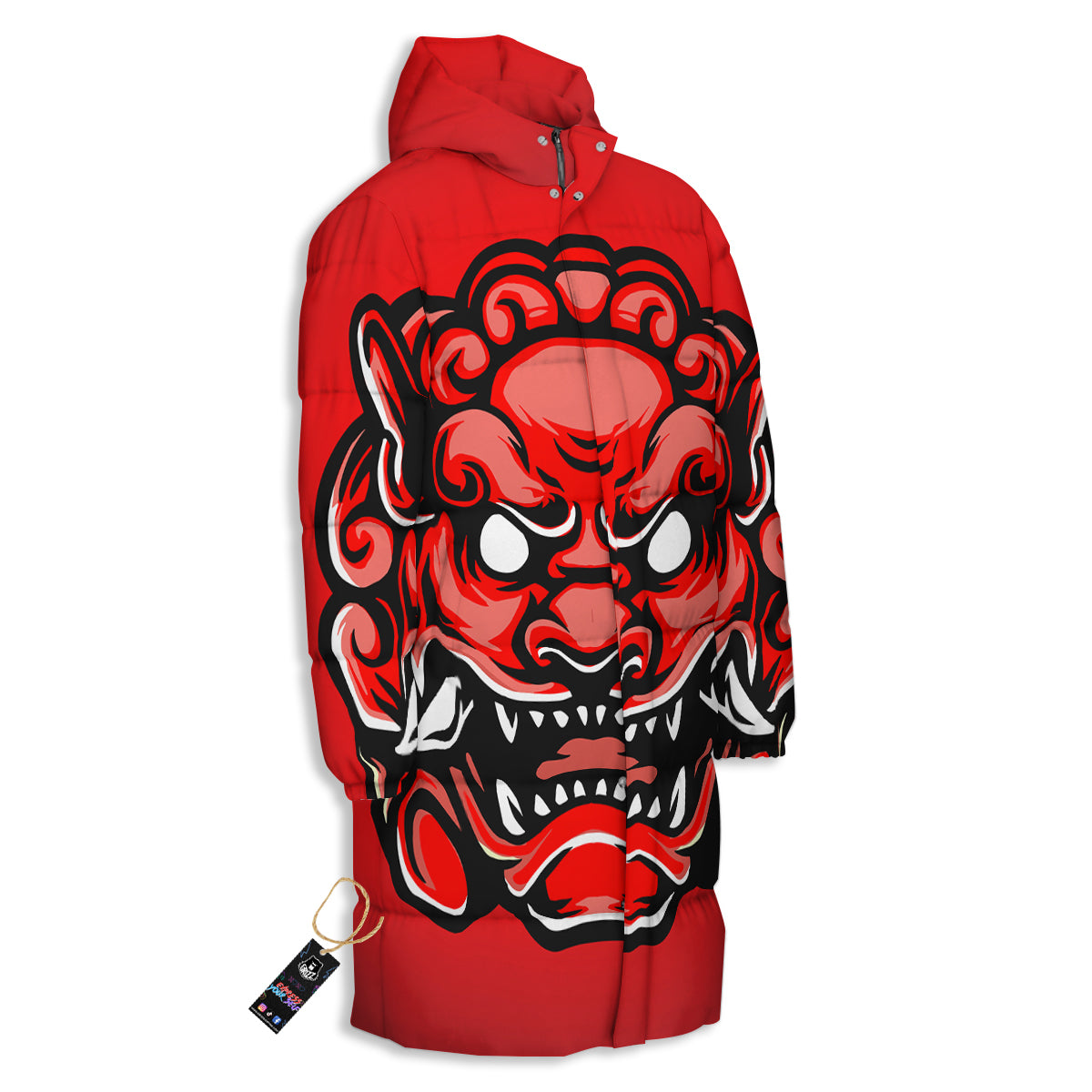 Red Foo Dog Print Long Down Jacket-grizzshop
