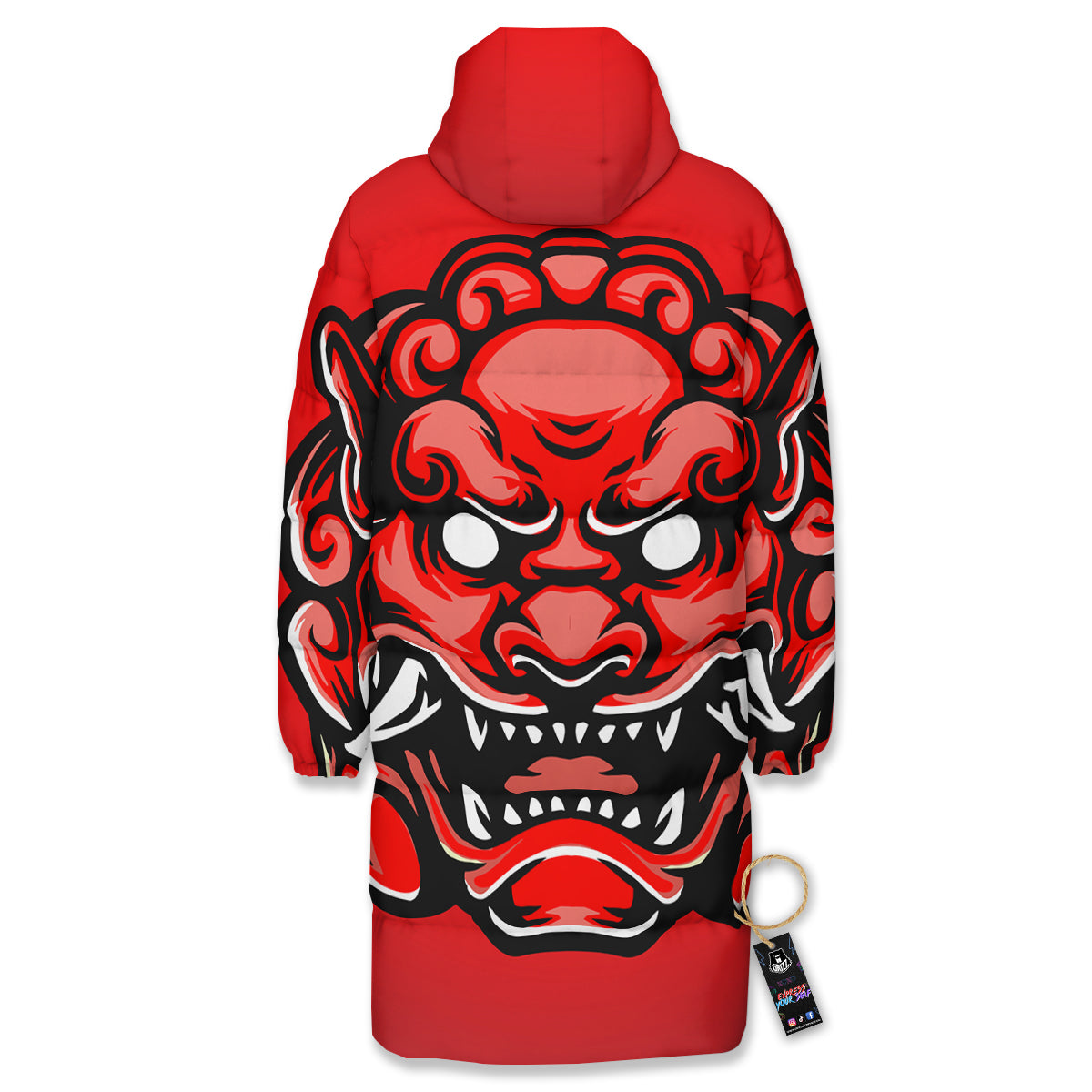 Red Foo Dog Print Long Down Jacket-grizzshop