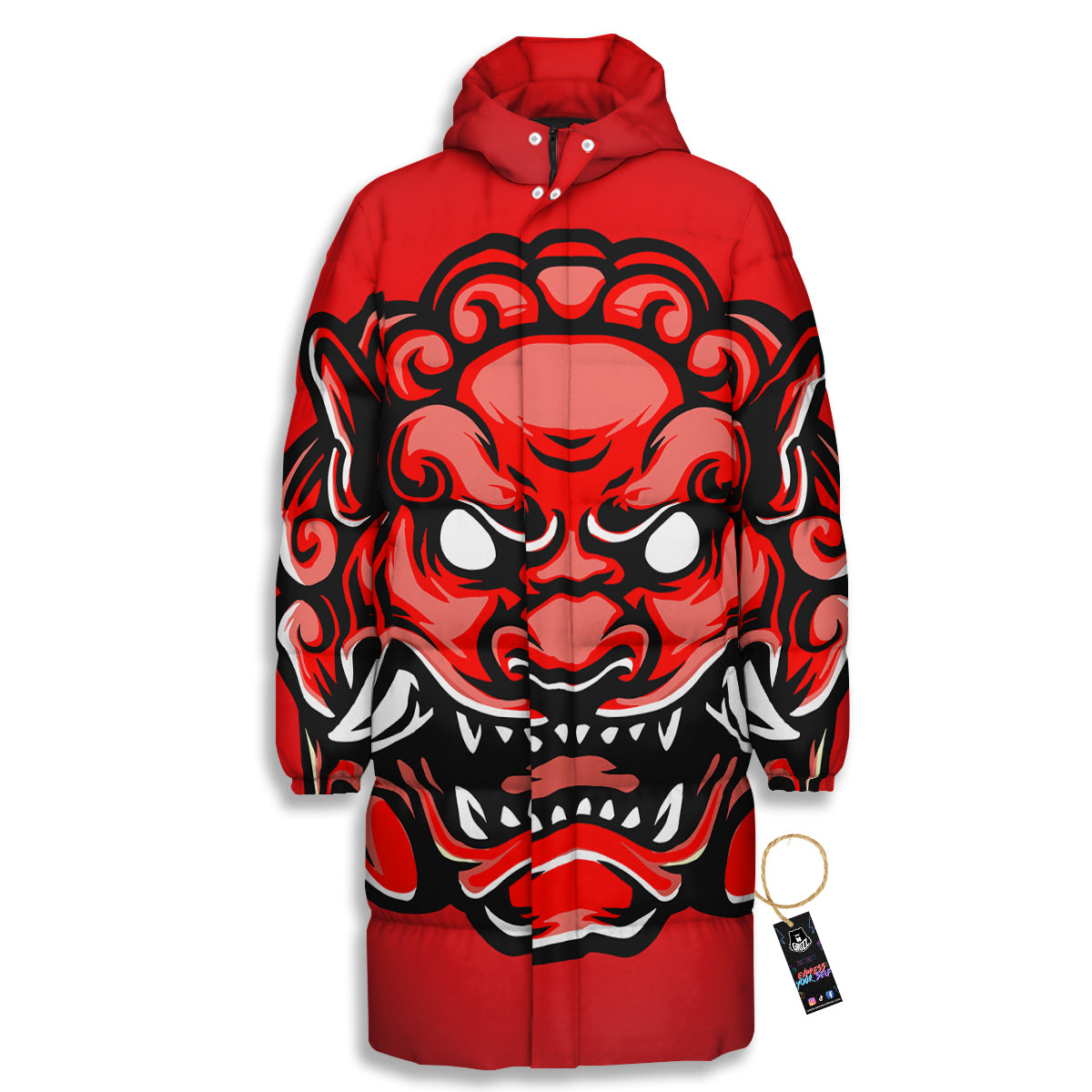 Red Foo Dog Print Long Down Jacket-grizzshop