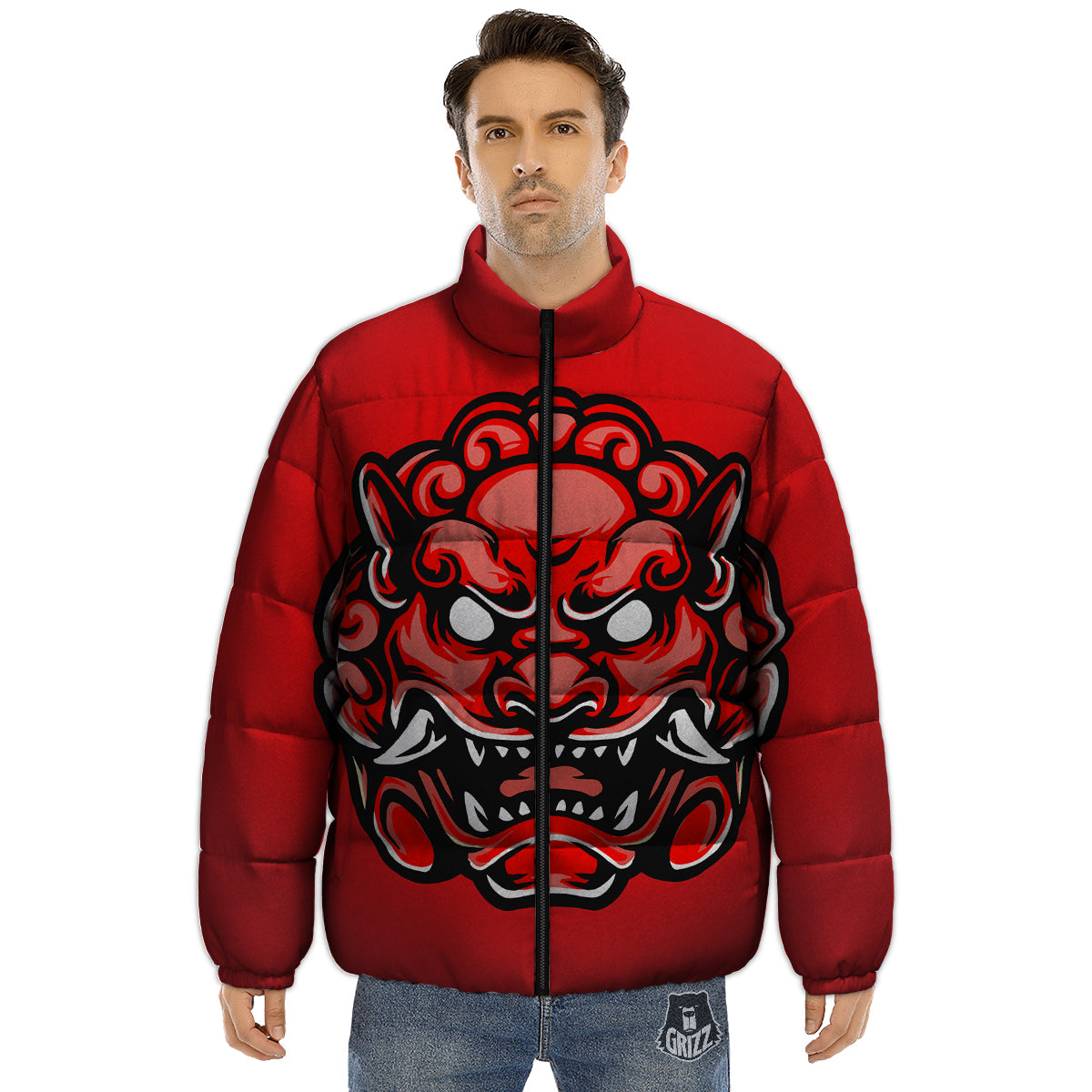 Red Foo Dog Print Puffer Jacket-grizzshop