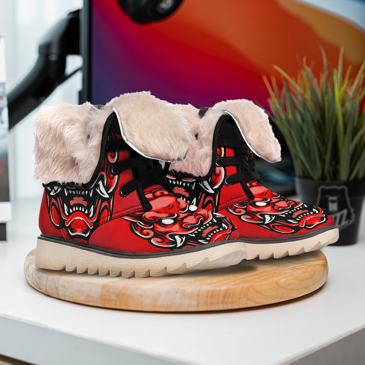 Red Foo Dog Print Snow Boots-grizzshop