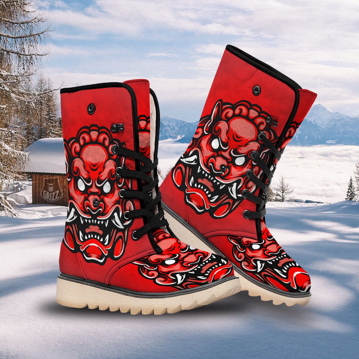 Red Foo Dog Print Snow Boots-grizzshop