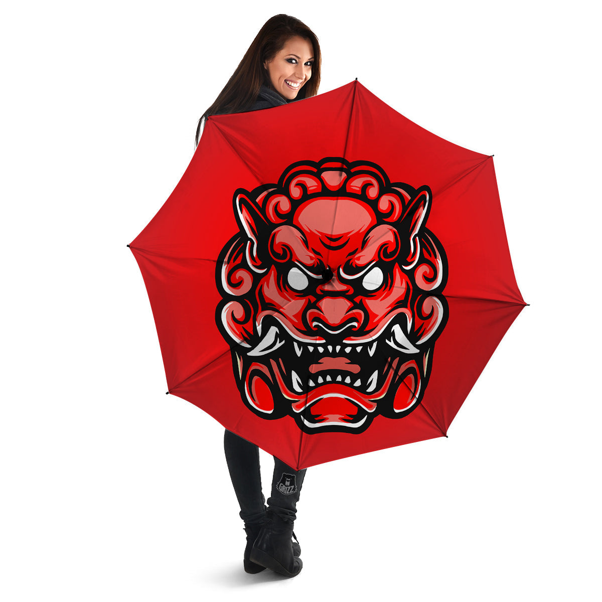 Red Foo Dog Print Umbrella-grizzshop
