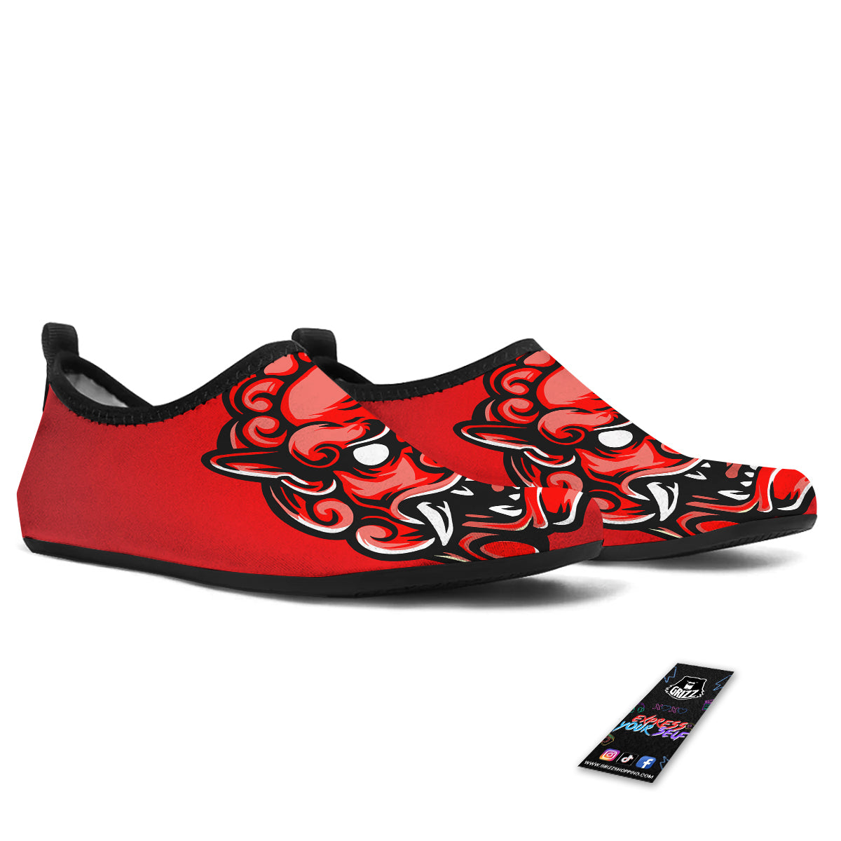 Red Foo Dog Print Water Shoes-grizzshop