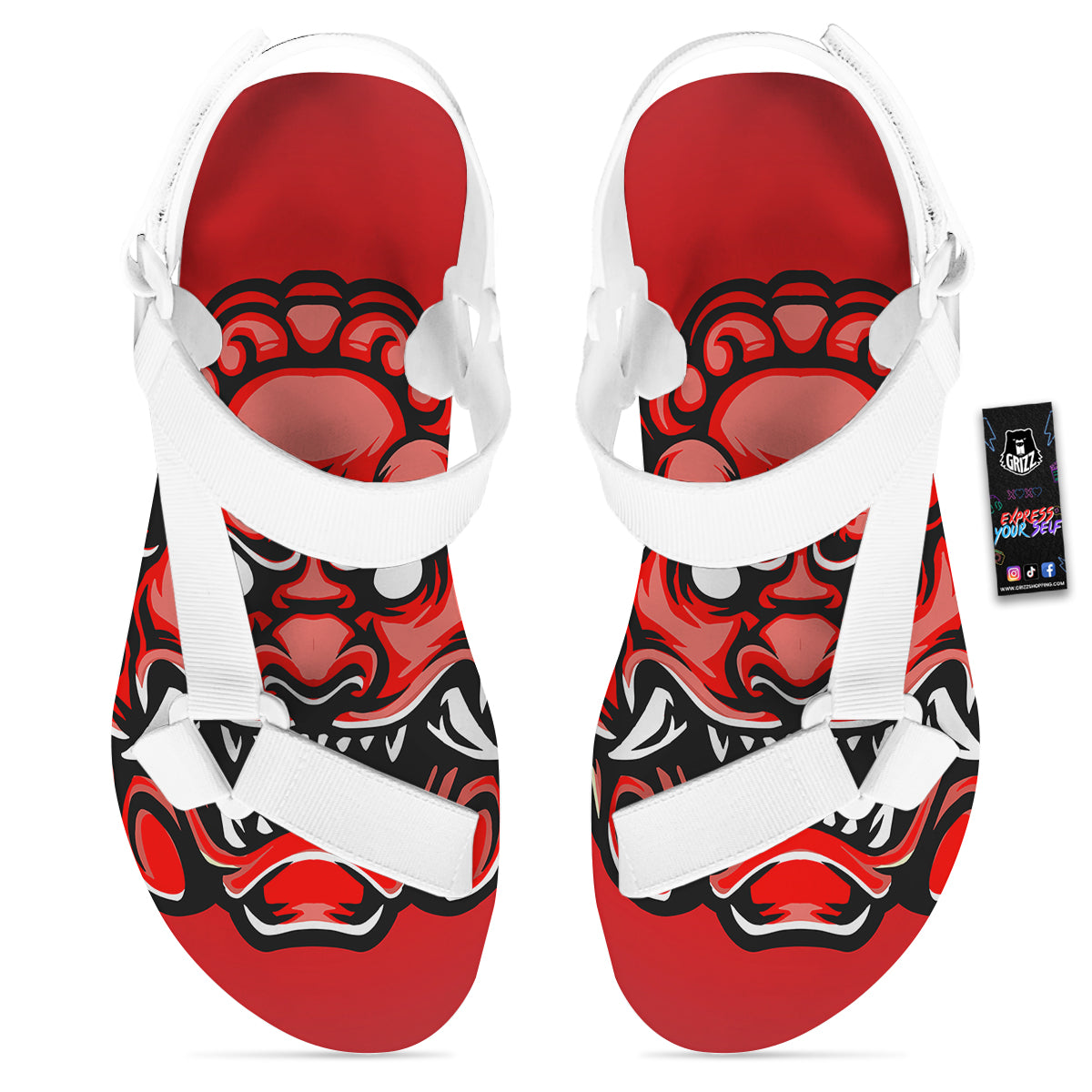 Red Foo Dog Print White Open Toe Sandals-grizzshop