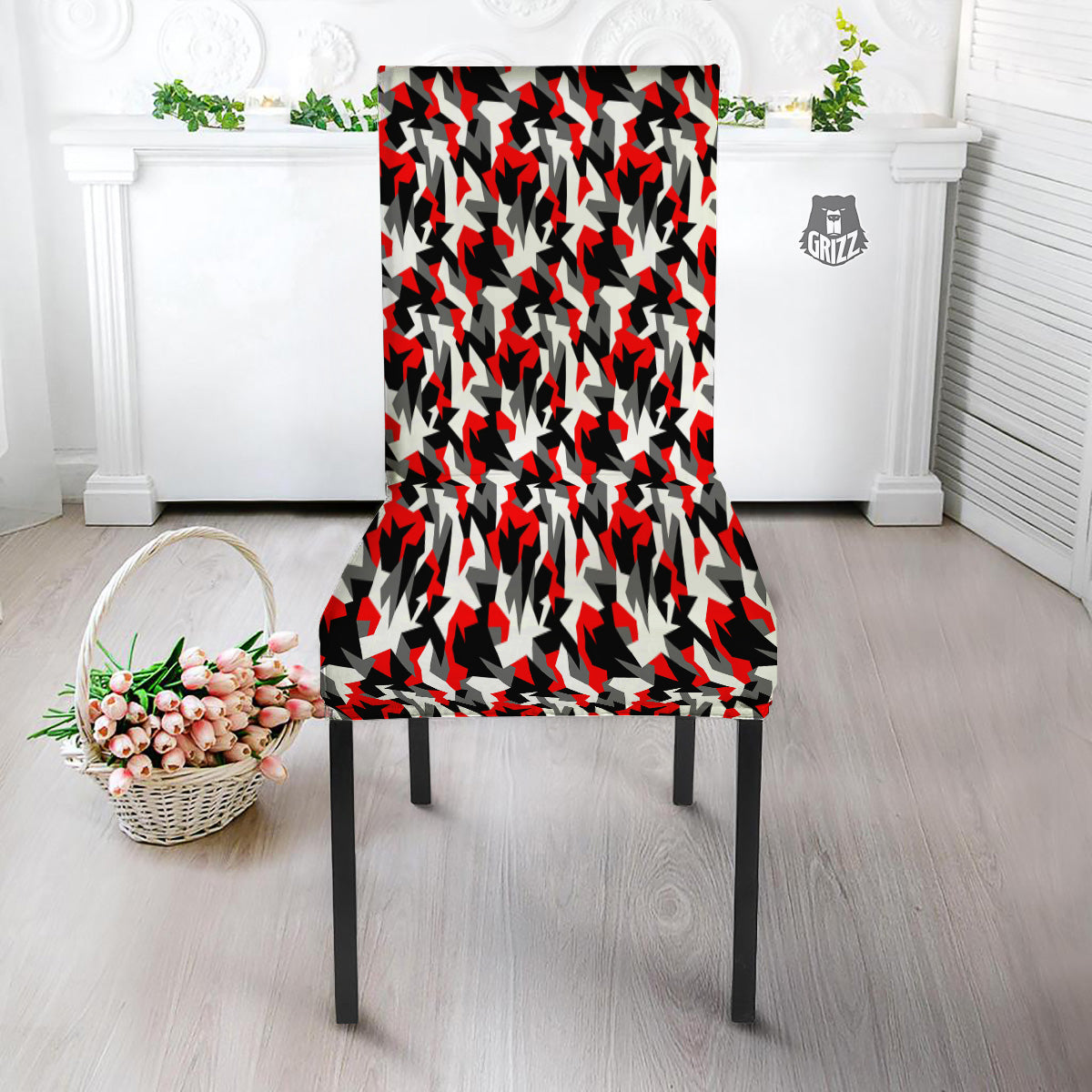 Red Geometric Camouflage Print Pattern Dining Chair Slipcover-grizzshop
