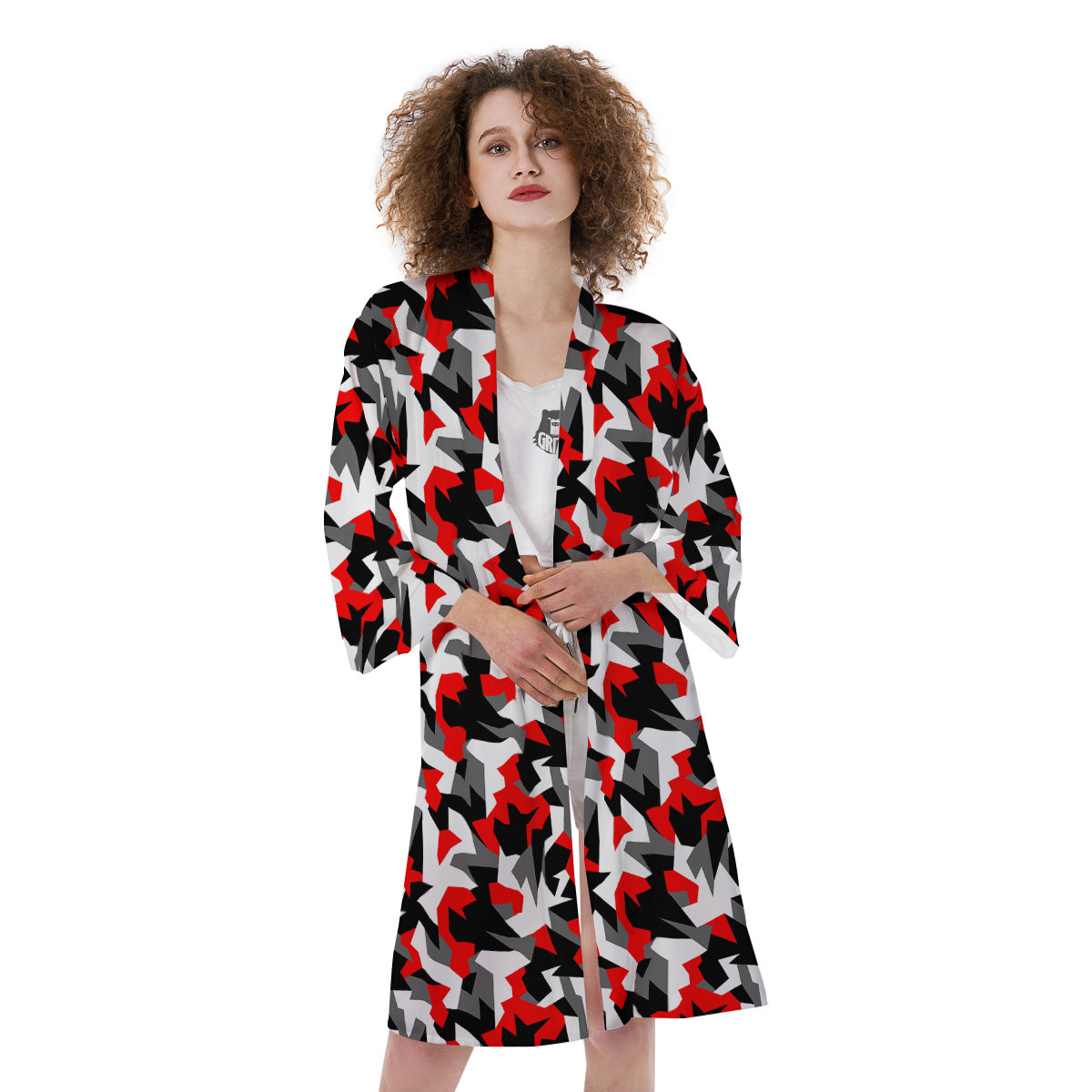 Red Geometric Camouflage Print Pattern Kimono-grizzshop