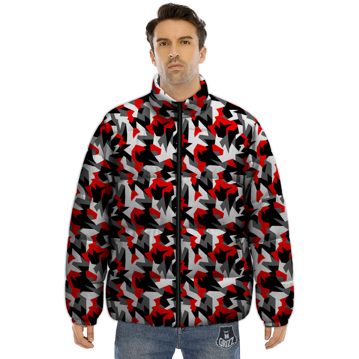 Red Geometric Camouflage Print Pattern Puffer Jacket-grizzshop