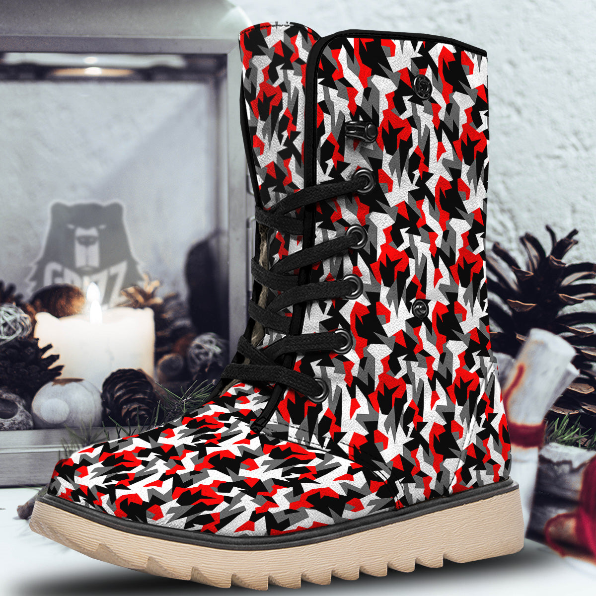 Red Geometric Camouflage Print Pattern Snow Boots-grizzshop