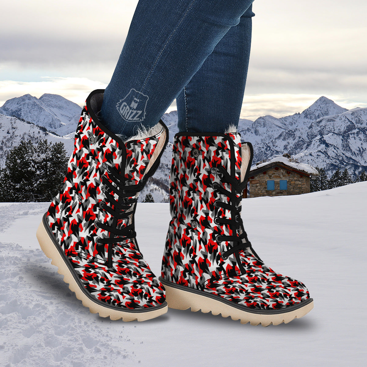 Red Geometric Camouflage Print Pattern Snow Boots-grizzshop