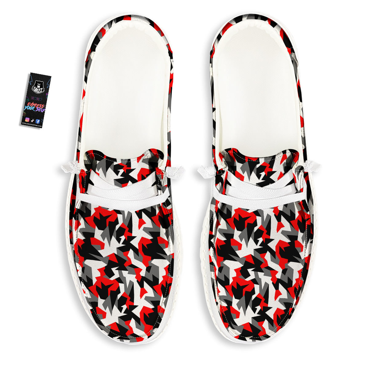Red Geometric Camouflage Print Pattern White Loafers-grizzshop