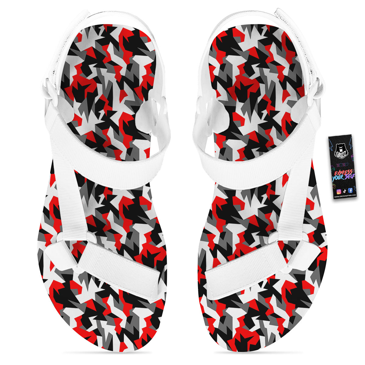 Red Geometric Camouflage Print Pattern White Open Toe Sandals-grizzshop