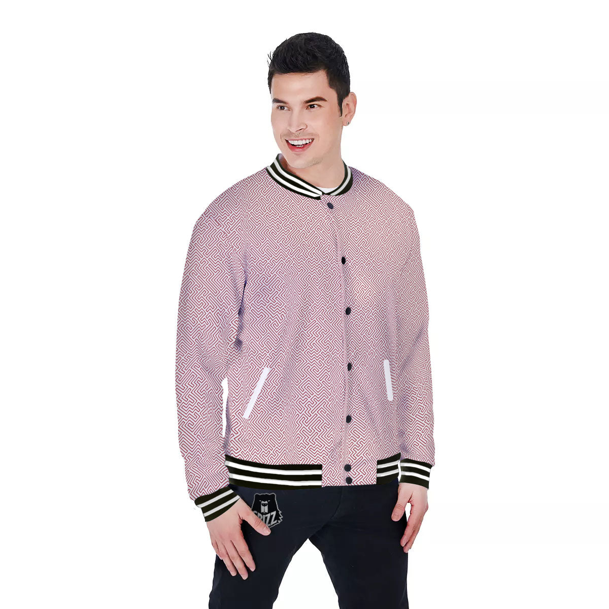 Red Geometric Maze Print Baseball Jacket-grizzshop