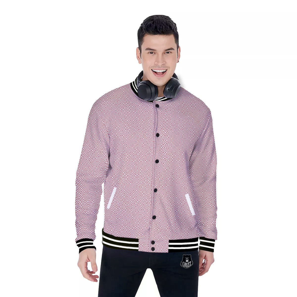 Red Geometric Maze Print Baseball Jacket-grizzshop