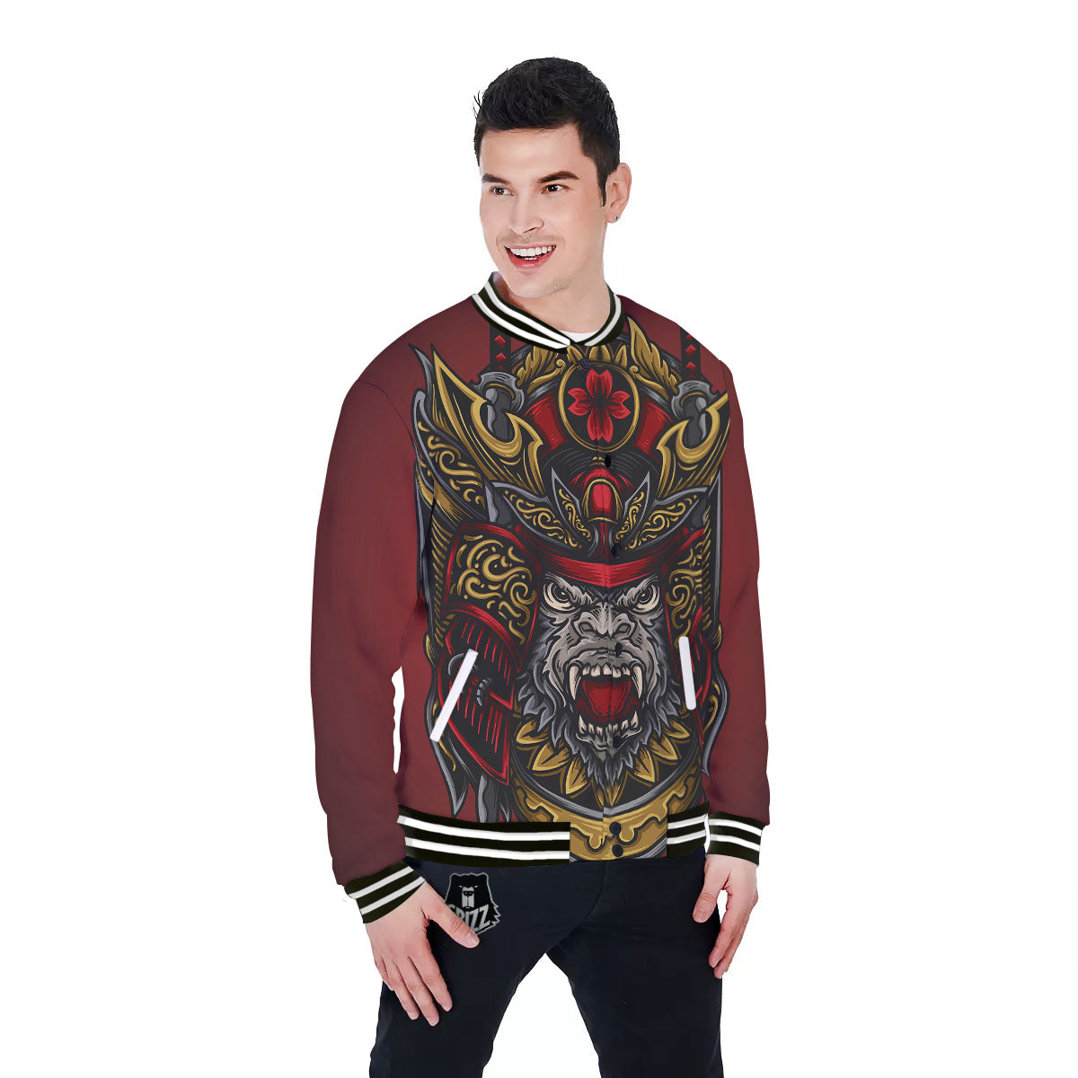 Red Gorilla Samurai Print Baseball Jacket-grizzshop