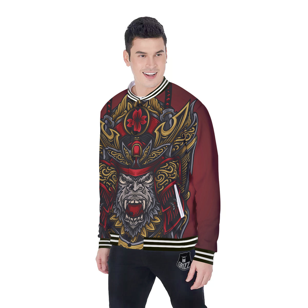 Red Gorilla Samurai Print Baseball Jacket-grizzshop